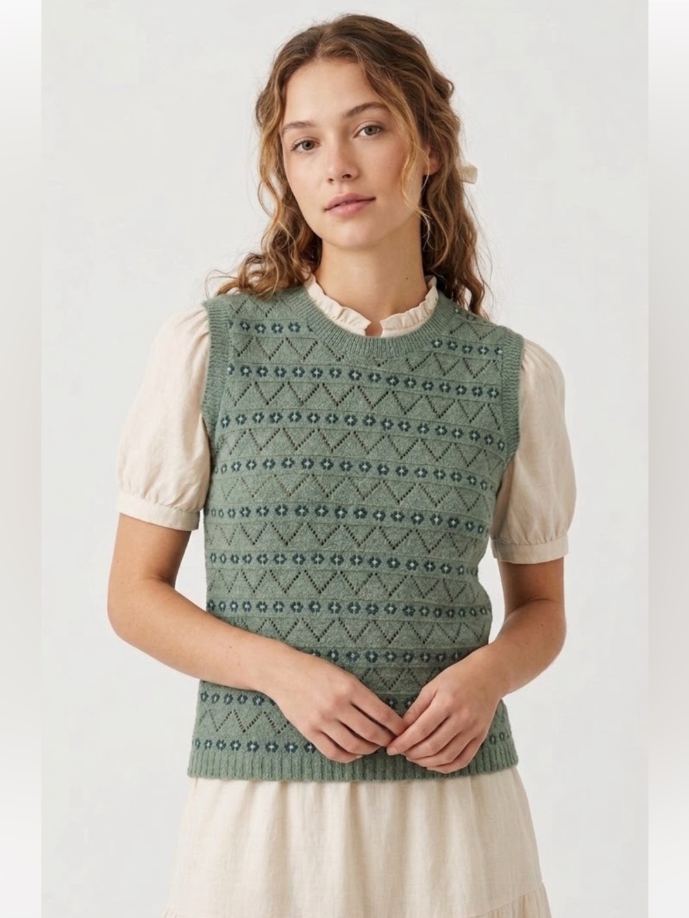 Vintage Boho Cottagecore Sage Green Sweater Vest Goblincore Earthy Floral Hobbit